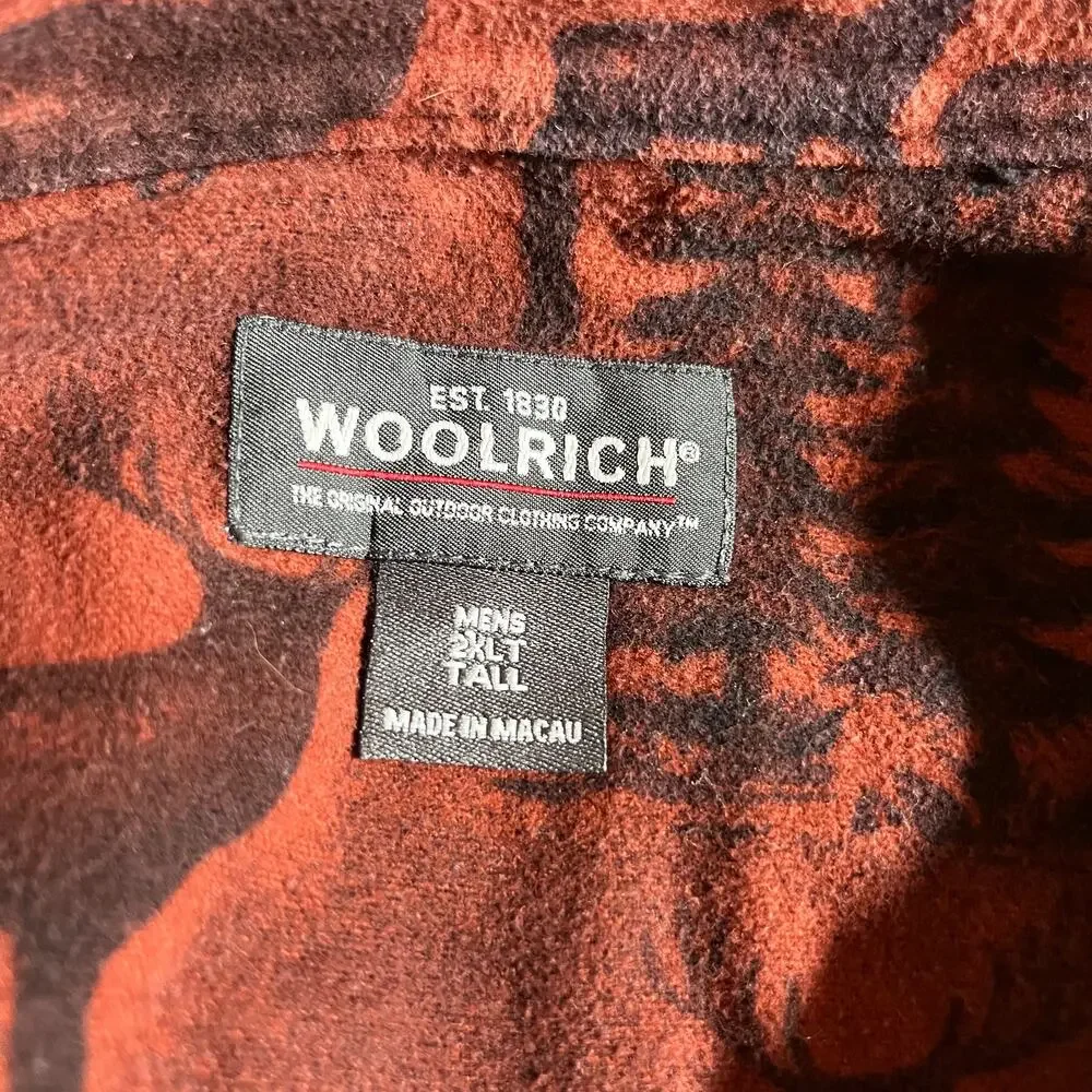 Woolrich Shirt Mens 2XLT Brown Deer Print Button Up Long Sleeves Casual Outdoors